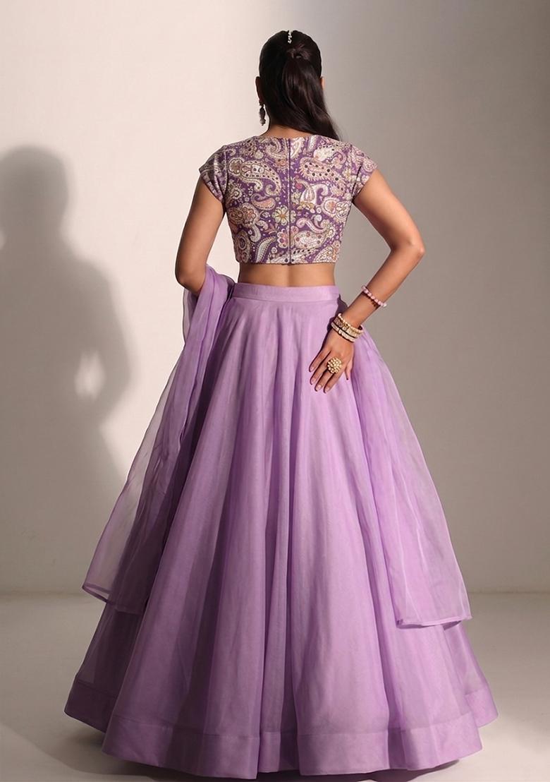 Lavender Printed Crepe Lehenga Set - Indya