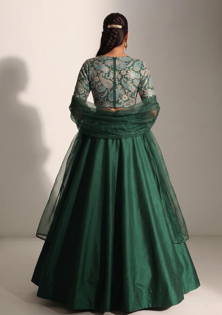 Bottle Green Printed Crepe Lehenga Set - Indya