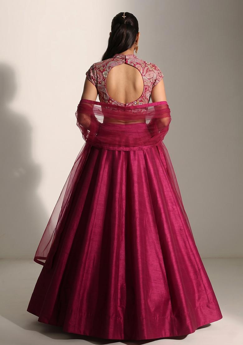 Magenta Printed Crepe Lehenga Set - Indya