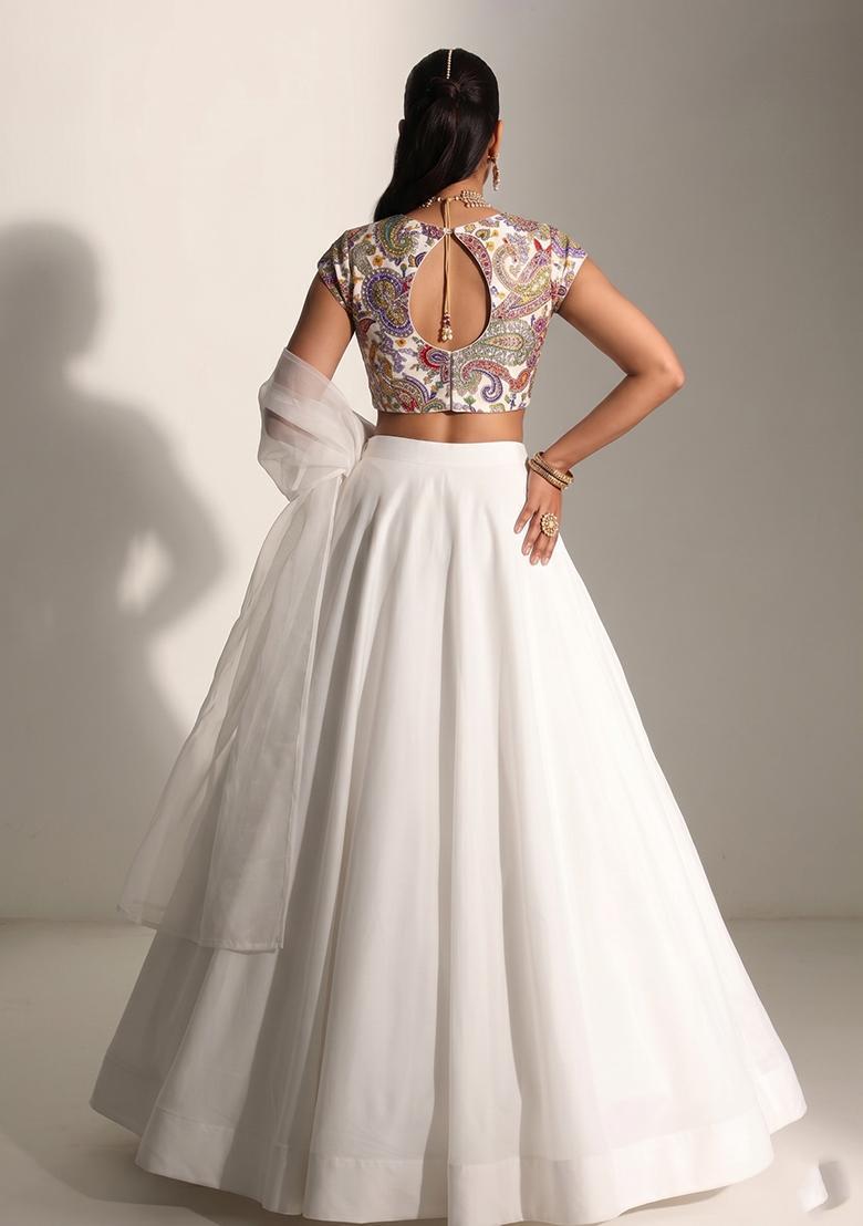 White Printed Crepe Lehenga Set - Indya