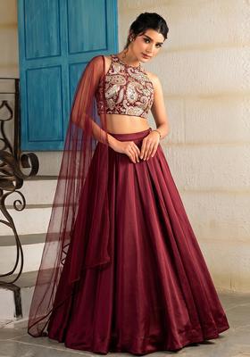 Deep Maroon Printed Crepe Lehenga Set