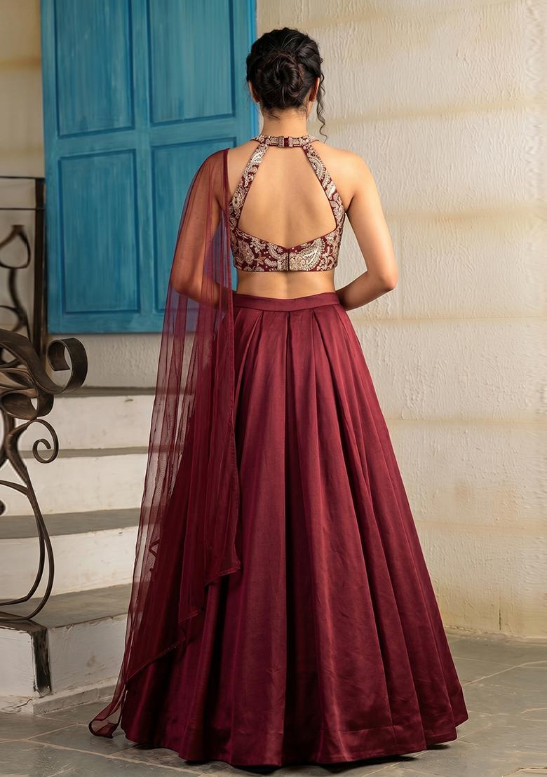 Deep Maroon Printed Crepe Lehenga Set - Indya