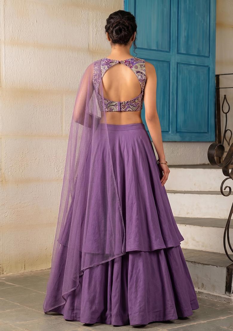 Lavender Printed Crepe Lehenga Set - Indya