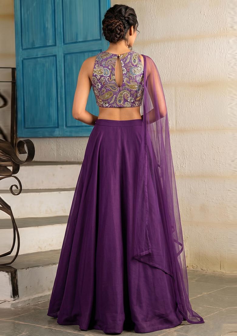 Deep Purple Printed Crepe Lehenga Set - Indya