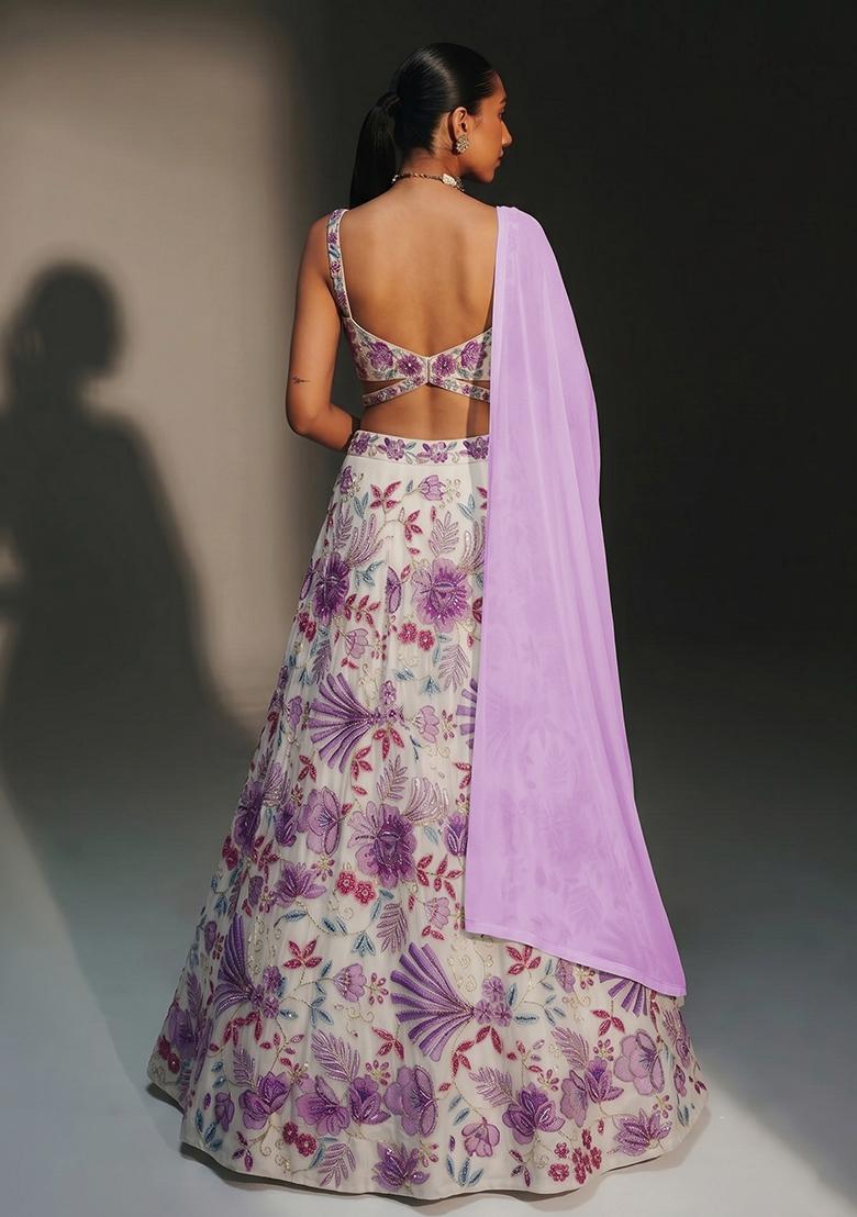 Purple Printed Organza Lehenga Set - Indya