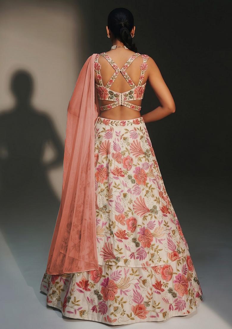 Rust Printed Organza Lehenga Set - Indya