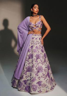 Lavender Printed Organza Lehenga Set