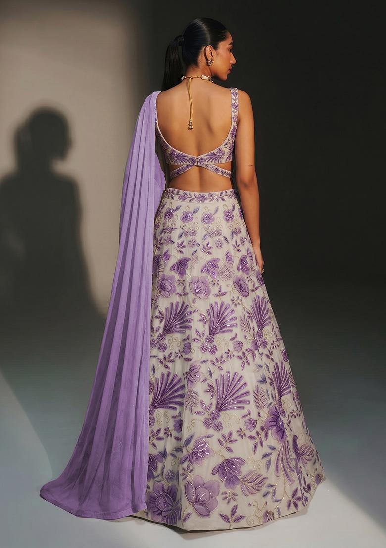 Lavender Printed Organza Lehenga Set - Indya