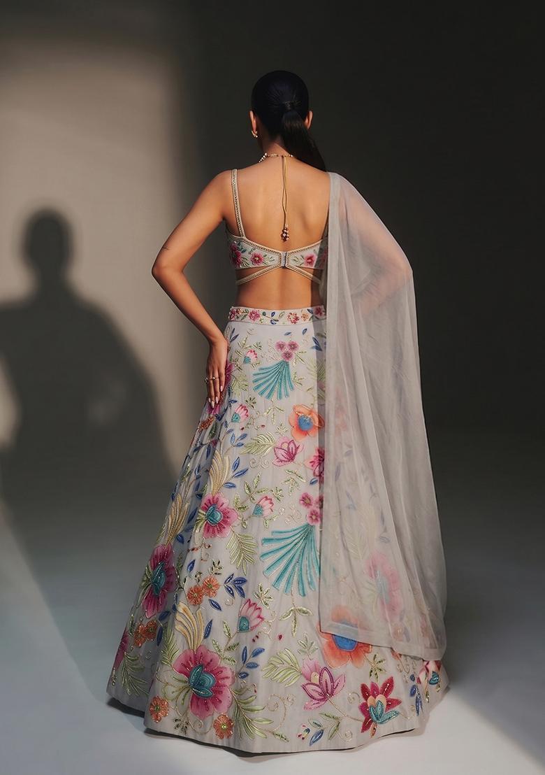 Light Grey Printed Organza Lehenga Set - Indya