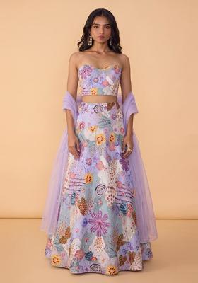 Lavender Printed Crepe Lehenga Set