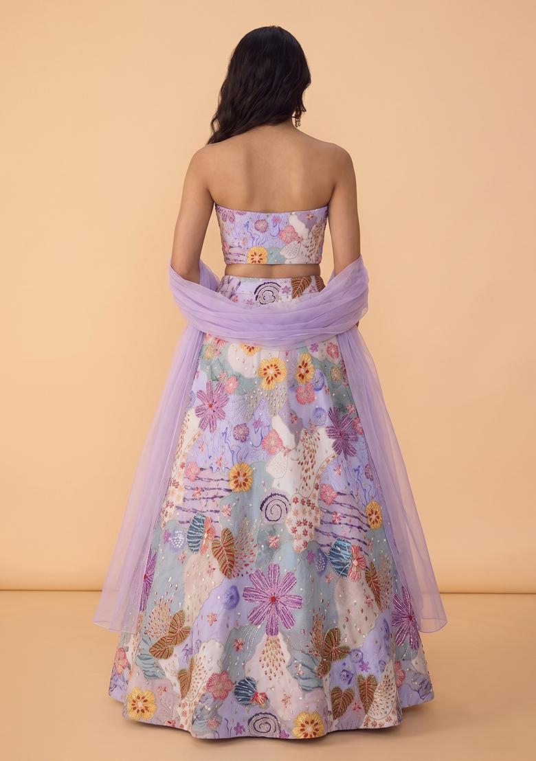 Lavender Printed Crepe Lehenga Set - Indya