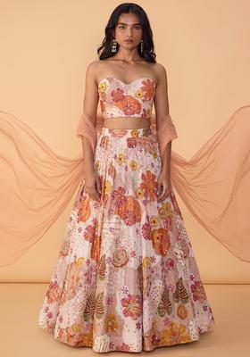 Peach Printed Crepe Lehenga Set