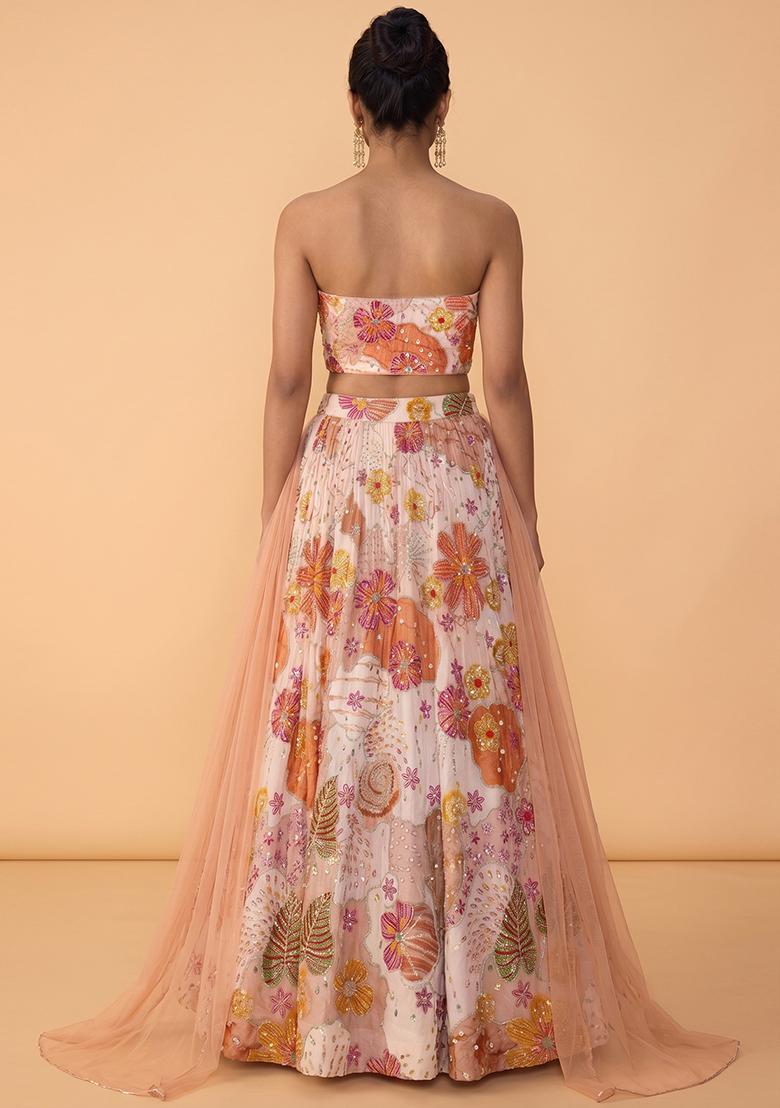 Peach Printed Crepe Lehenga Set - Indya