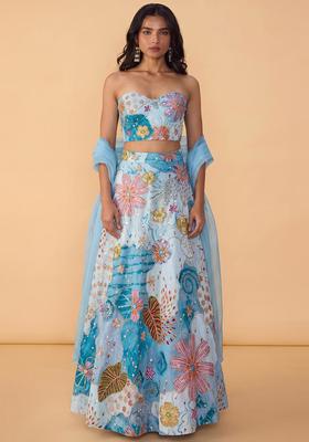 Powder Blue Printed Crepe Lehenga Set