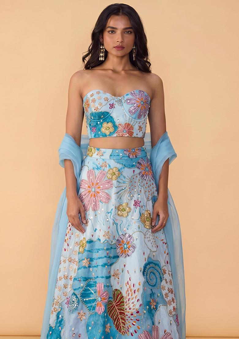 Powder Blue Printed Crepe Lehenga Set - Indya