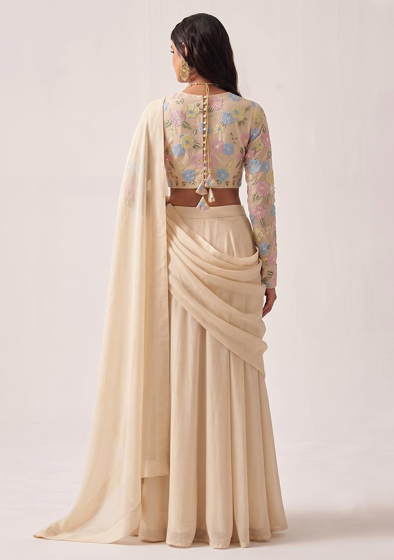 Cream Embroidered Chanderi Lehenga Set - Indya