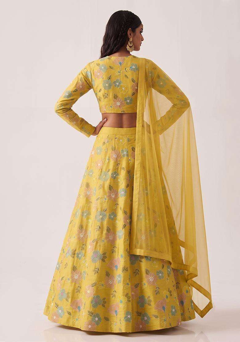Mustard Yellow Embroidered Chanderi Lehenga Set - Indya