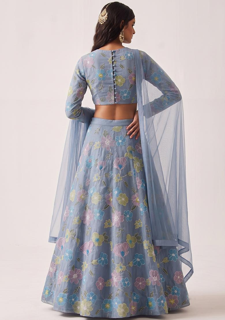 Slate Blue Embroidered Cosmos Lehenga Set - Indya