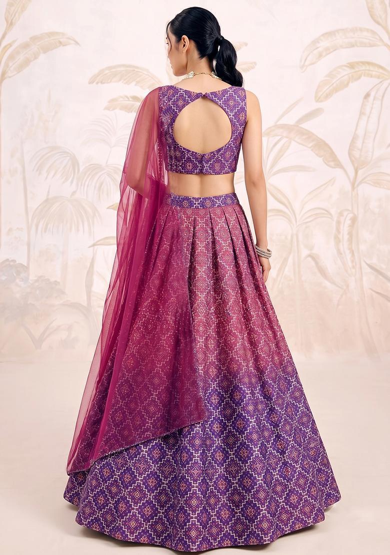 Ombre Green Printed Silk Blend Lehenga Set - Indya