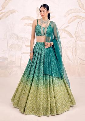 Ombre Green Printed Silk Blend Lehenga Set