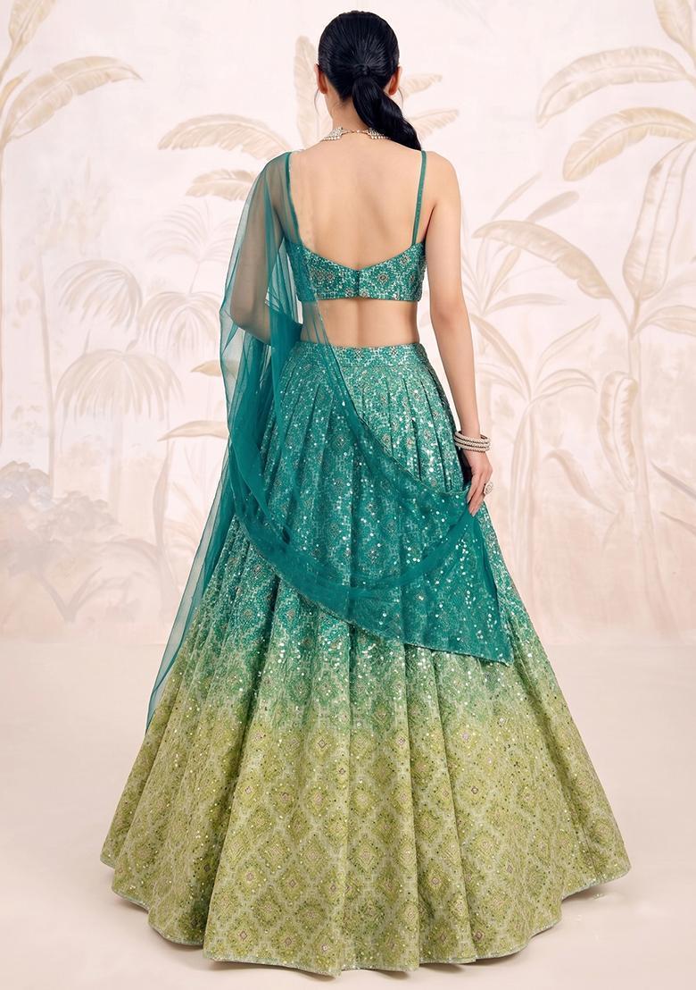 Ombre Green Printed Silk Blend Lehenga Set - Indya