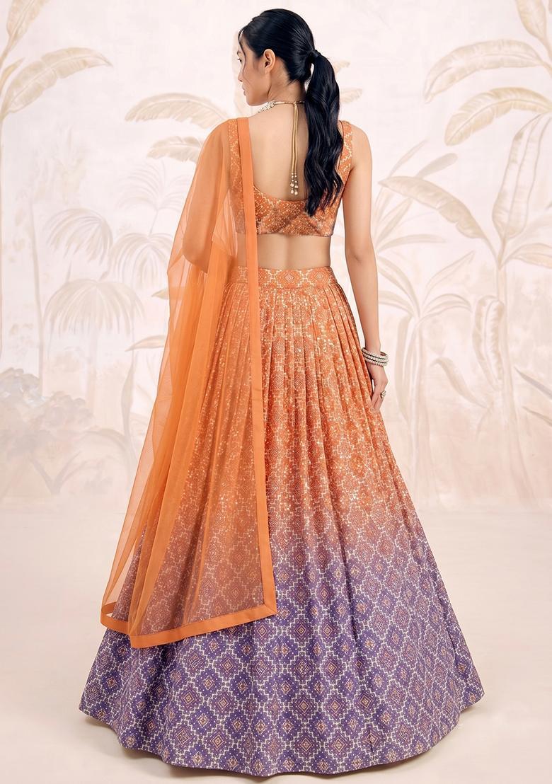 Ombre Green Printed Silk Blend Lehenga Set - Indya