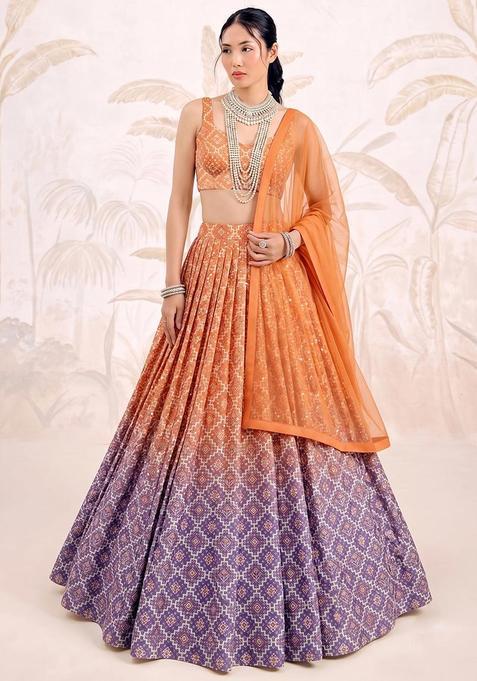 Ombre Green Printed Silk Blend Lehenga Set