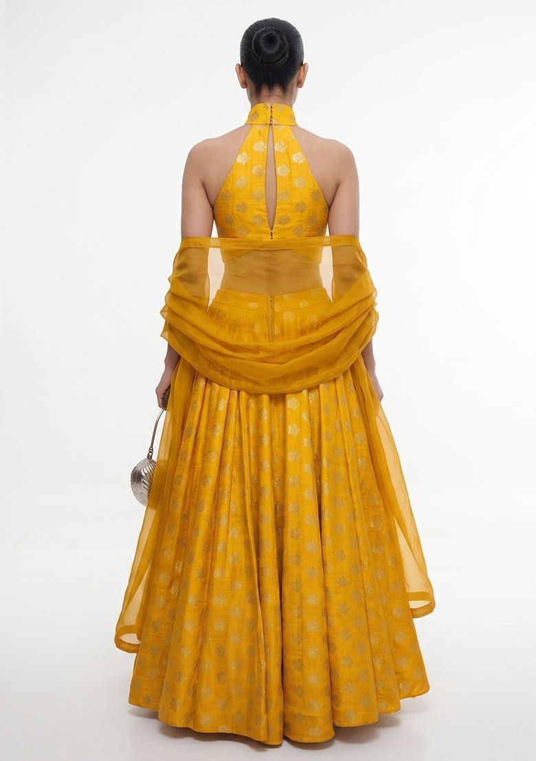Mustard Yellow Zari Satin Lehenga Set - Indya