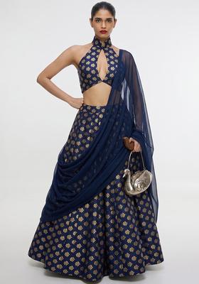Navy Blue Zari Satin Lehenga Set