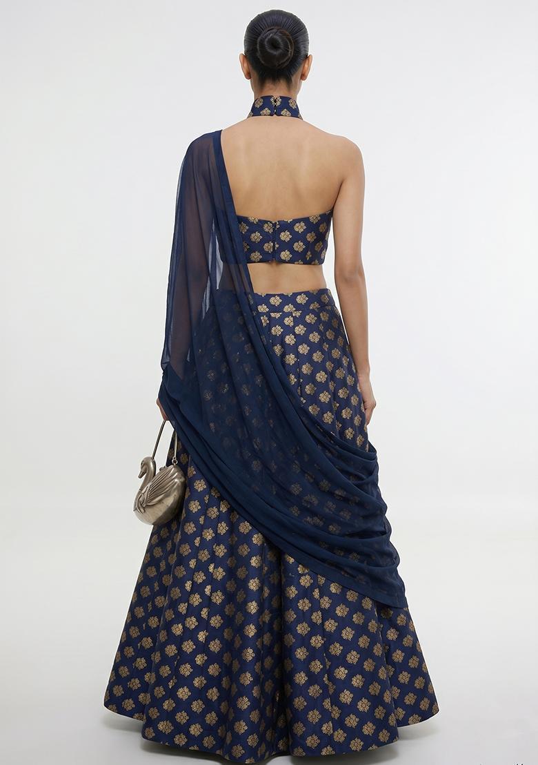 Navy Blue Zari Satin Lehenga Set - Indya