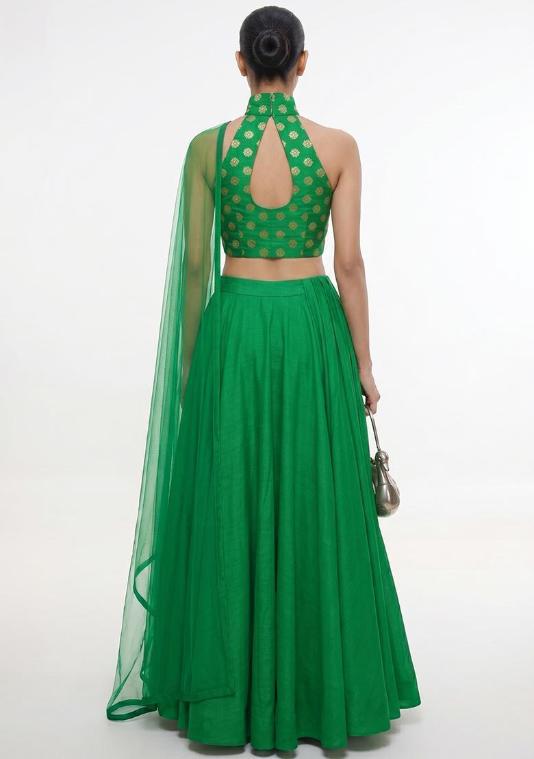 Emerald Green Zari Satin Lehenga Set - Indya