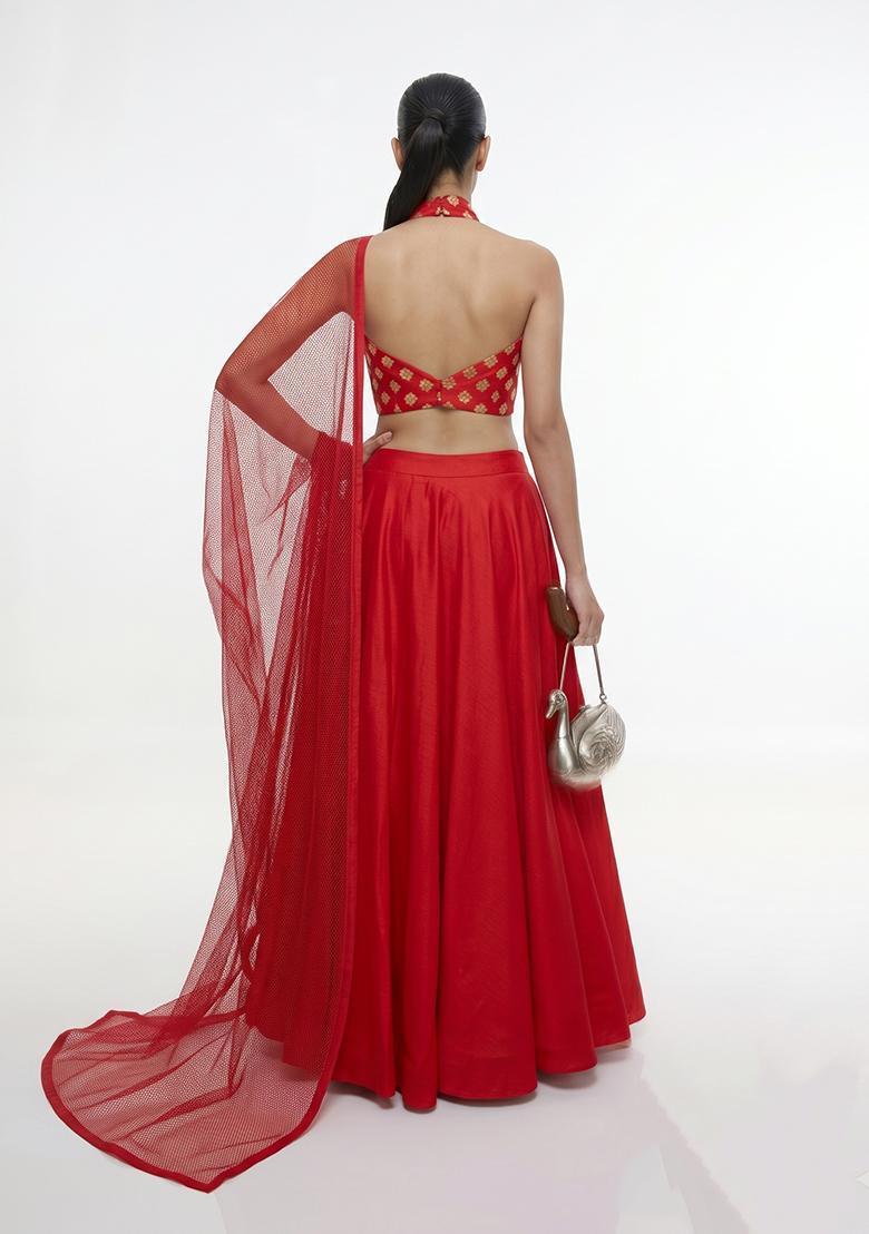 Scarlet Red Zari Satin Lehenga Set - Indya