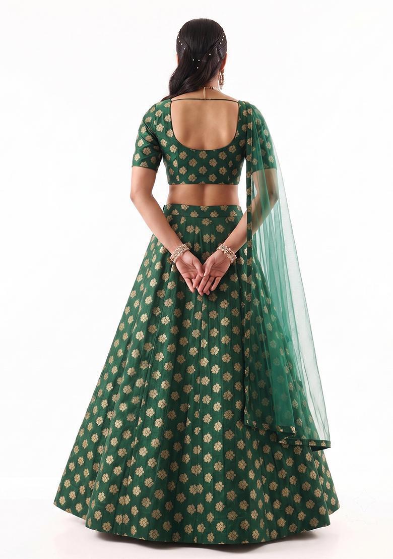 Bottle Green Zari Satin Lehenga Set - Indya
