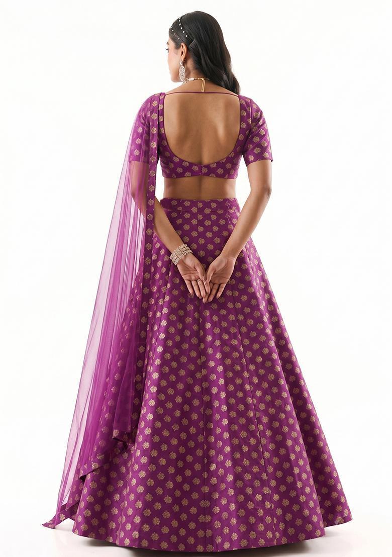 Magenta Purple Zari Satin Lehenga Set - Indya