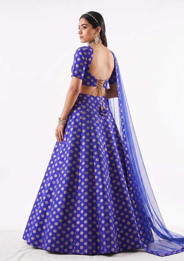 Royal Blue Zari Satin Lehenga Set - Indya