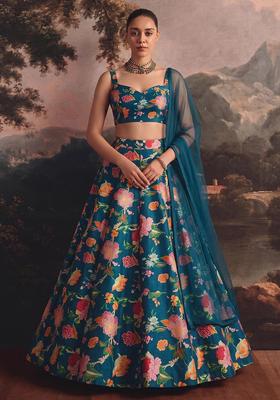 Teal Blue Printed Organza Lehenga Set