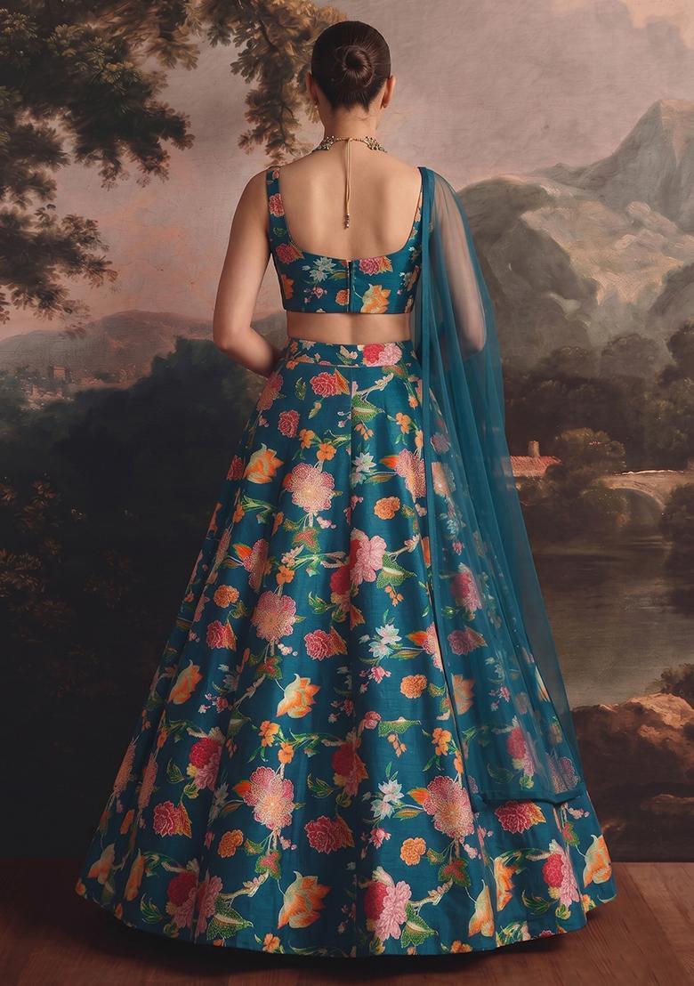 Teal Blue Printed Organza Lehenga Set - Indya
