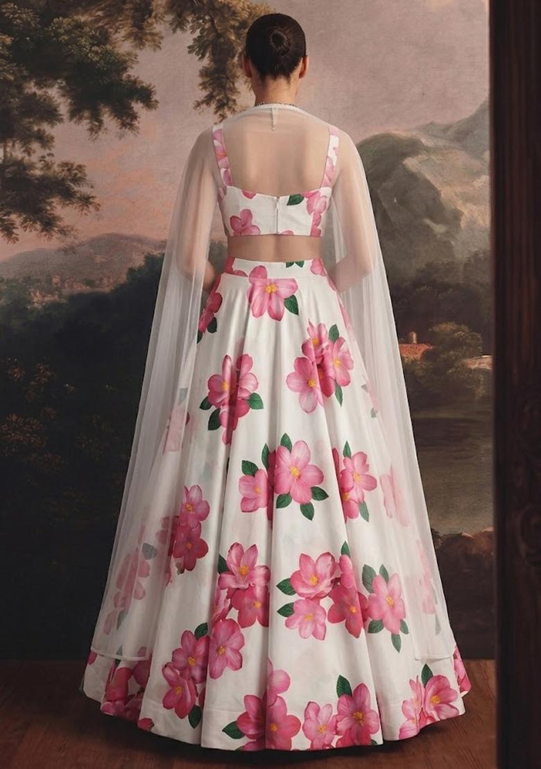 Off White Printed Organza Lehenga Set - Indya