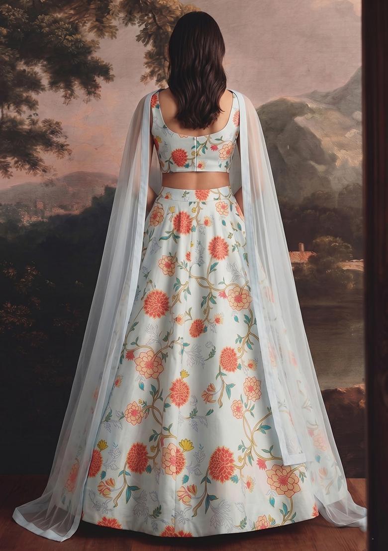 Powder Blue Printed Organza Lehenga Set - Indya