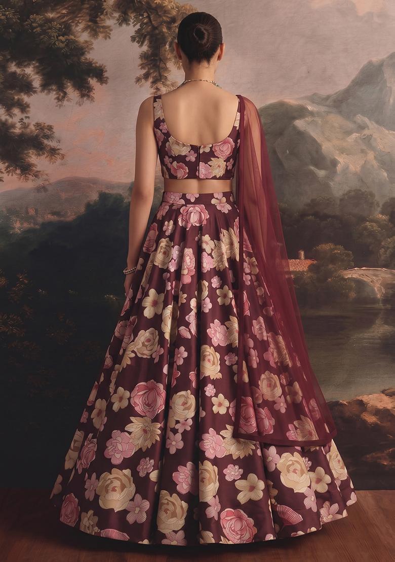 Deep Wine Printed Organza Lehenga Set - Indya