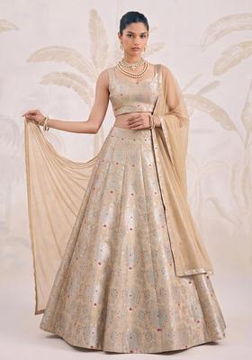 Beige Zari Silk Blend Lehenga Set