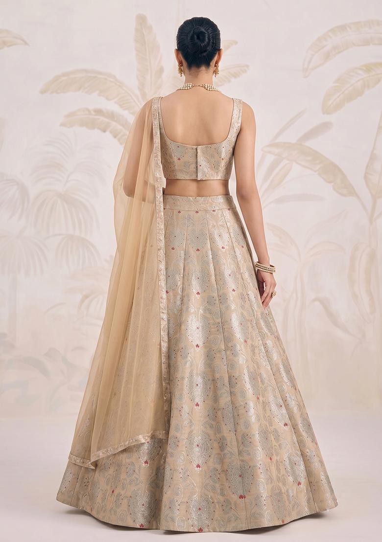 Beige Zari Silk Blend Lehenga Set - Indya