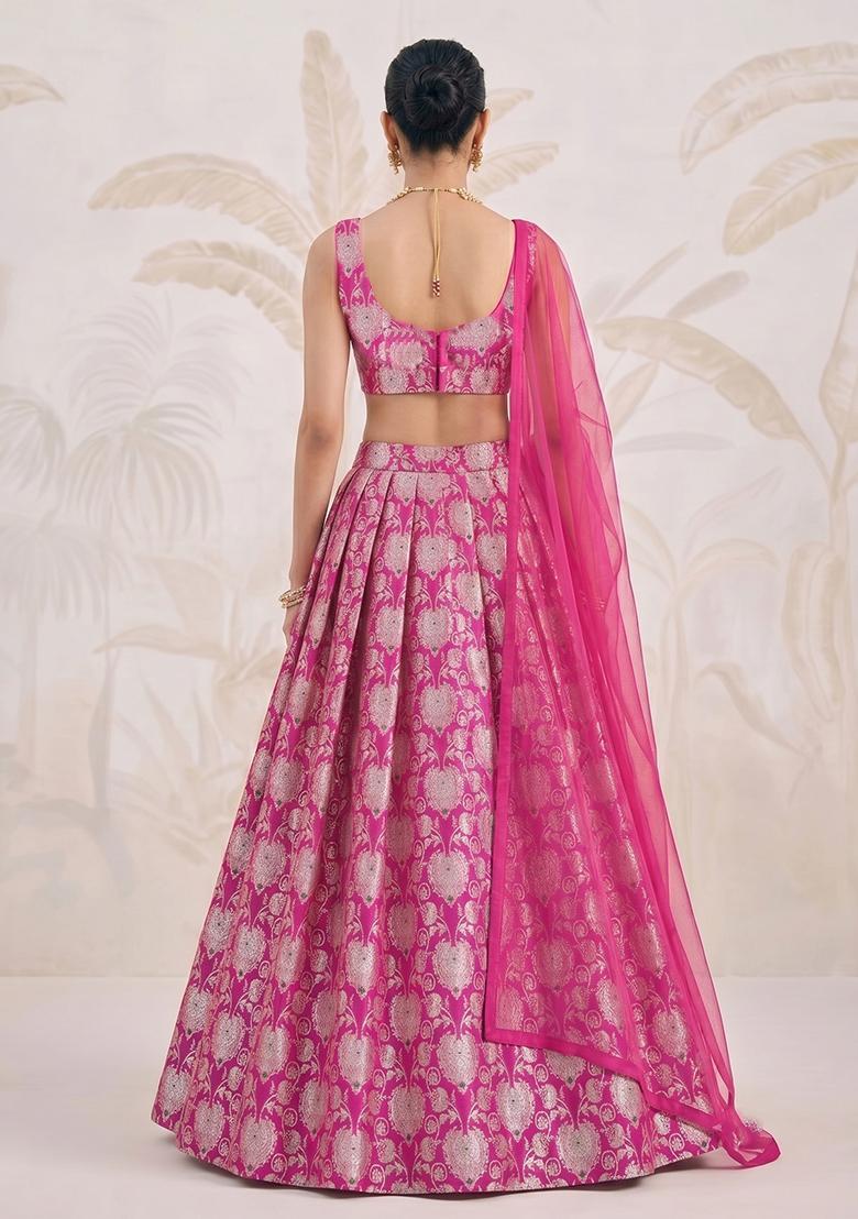 Rani Pink Zari Silk Blend Lehenga Set - Indya