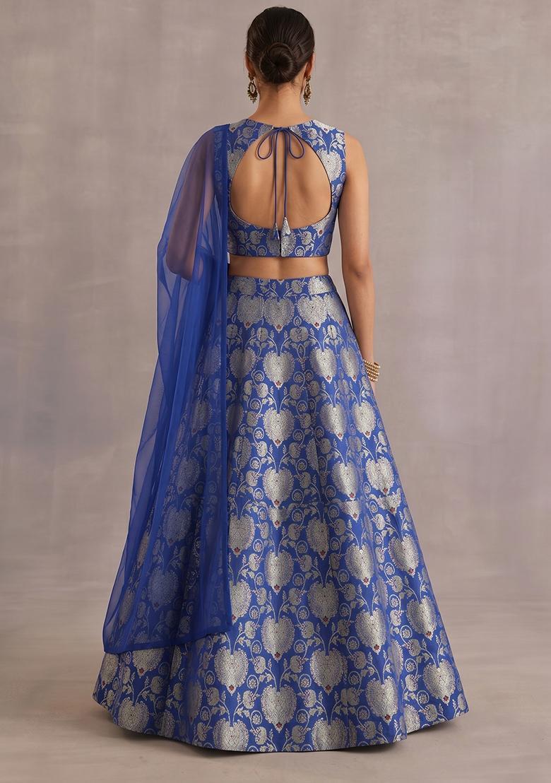 Royal Blue Zari Silk Blend Lehenga Set - Indya