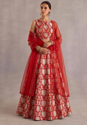 Red Zari Silk Blend Lehenga Set