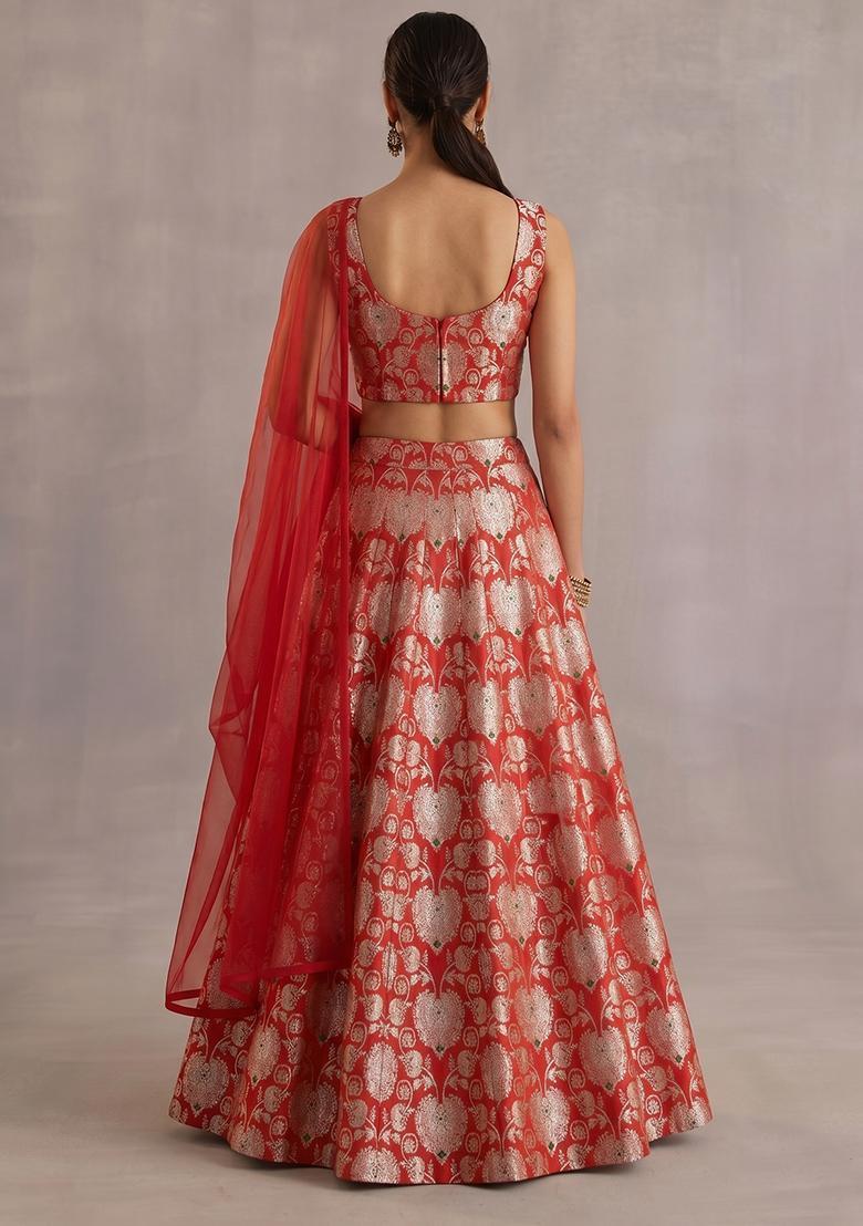 Red Zari Silk Blend Lehenga Set - Indya