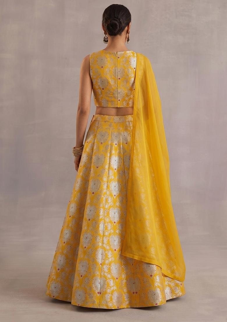 Mustard Yellow Zari Silk Blend Lehenga Set - Indya