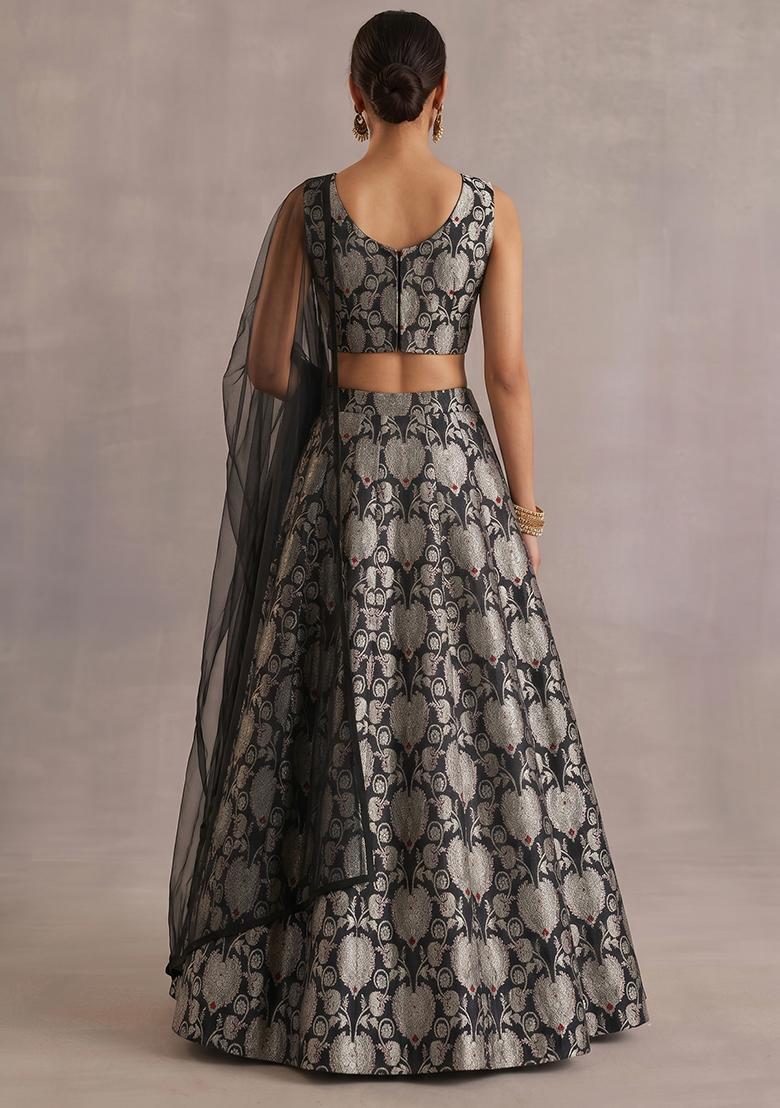 Black Zari Silk Blend Lehenga Set - Indya