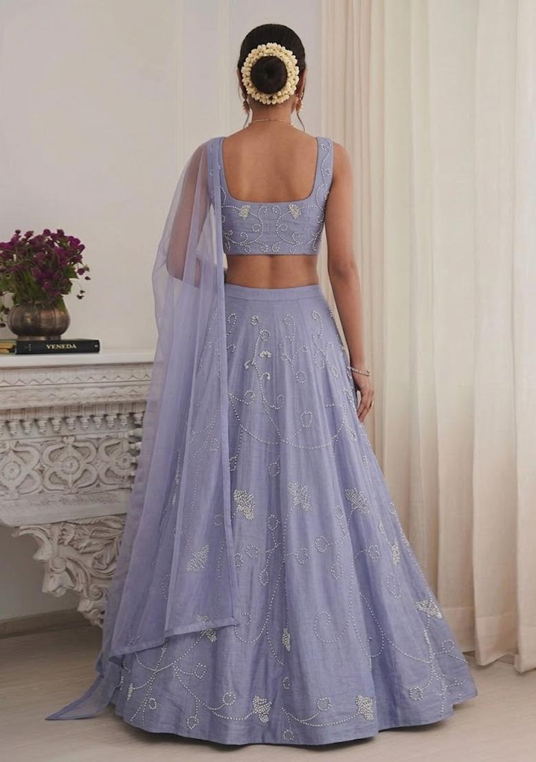 Prewinkle Blue Embroidered Chanderi Lehenga Set - Indya