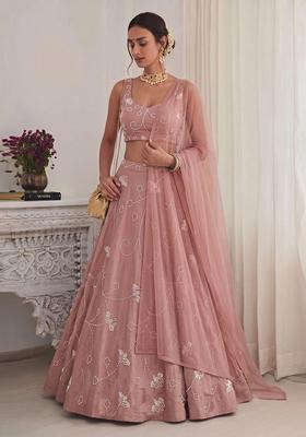 Rose Pink Embroidered Chanderi Lehenga Set